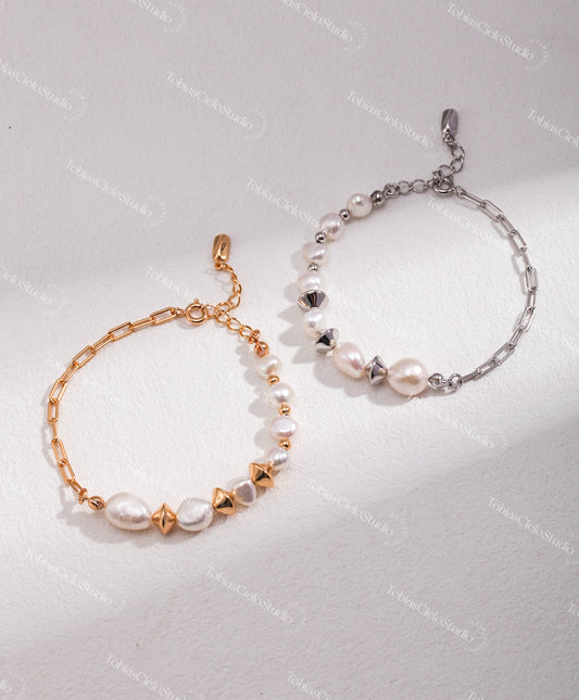 "The Vivaldi" S925 Sterling Silver Baroque Style Bracelet with Ombré-Sized Baroque Pearls