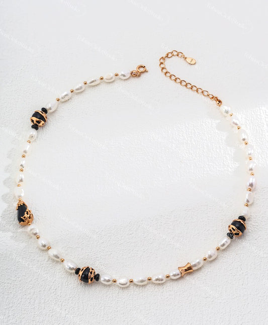 "The Odyssey" S925 Sterling Silver Elegance Pearl Necklace with Black Onyx