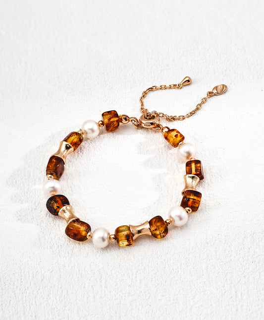 "Freya’s Golden Harvest" S925 Sterling Silver Bracelet with Floral Amber+Pearl