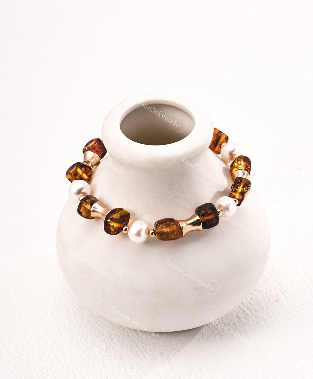 "Freya’s Golden Harvest" S925 Sterling Silver Bracelet with Floral Amber+Pearl