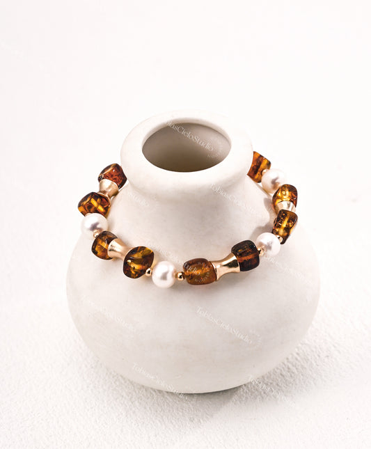 "Freya’s Golden Harvest" S925 Sterling Silver Bracelet with Floral Amber+Pearl