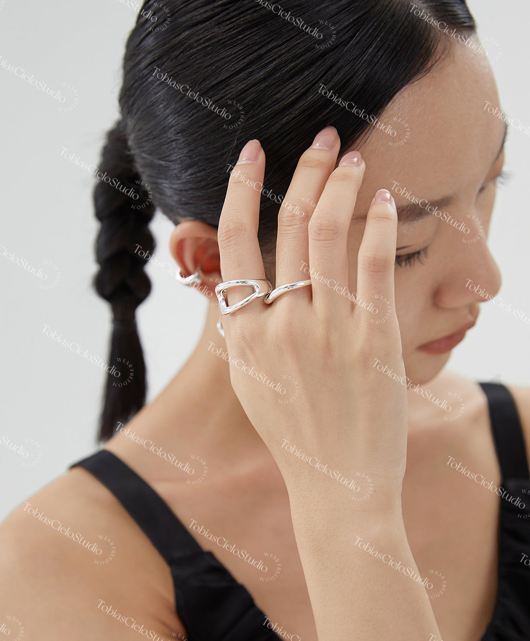 "Fibonacci’s Gilded Spiral" S925 Sterling Silver Ring with Smooth Bended Holo Design