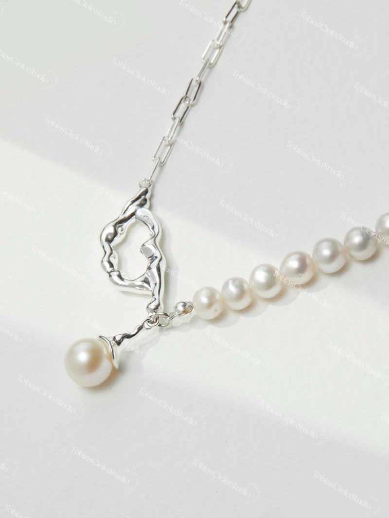 "Thalassa’s Whisper" S925 Liquid Shape Sterling Silver Necklace with Pearls