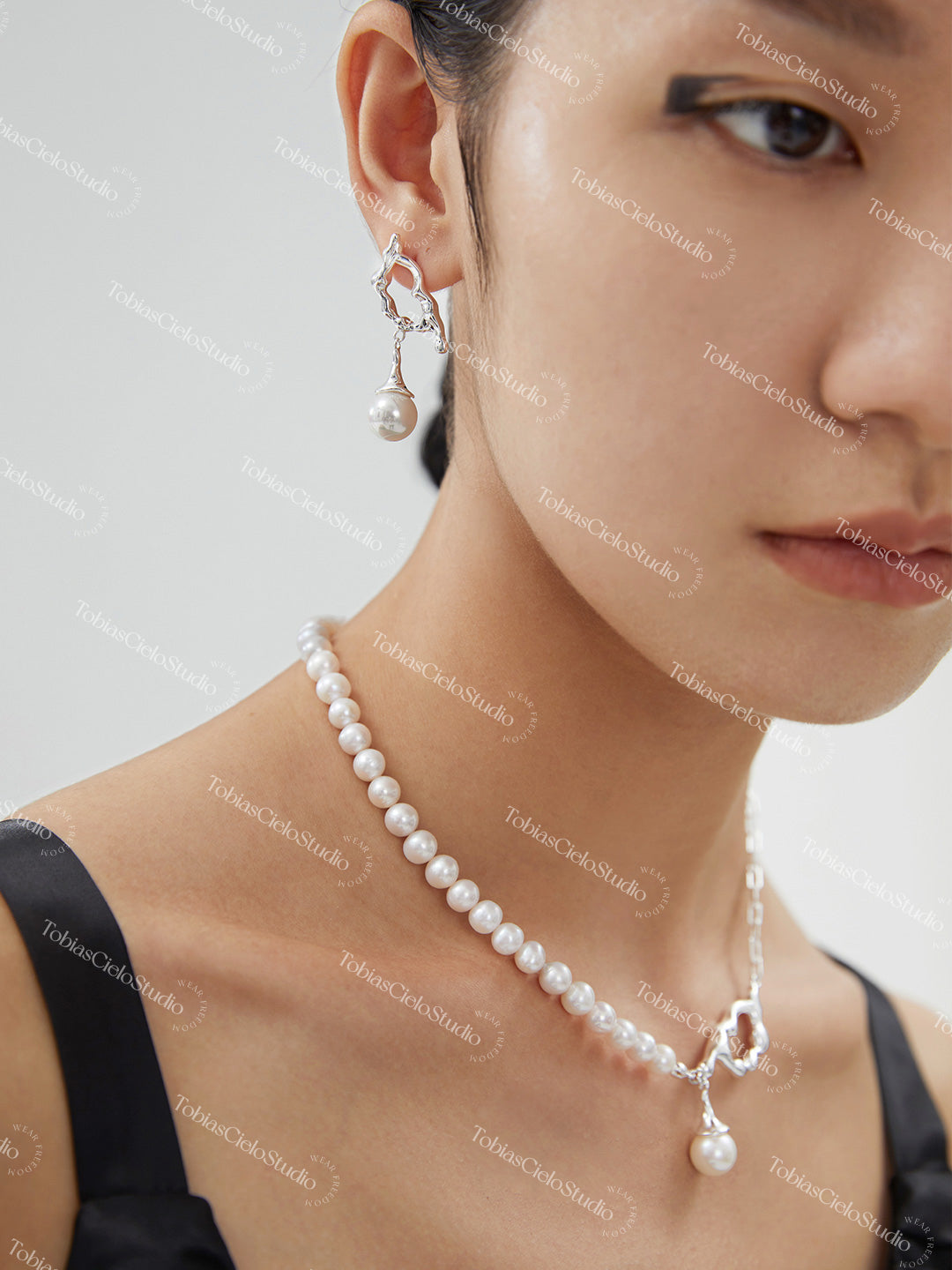 "Thalassa’s Whisper" S925 Liquid Shape Sterling Silver Necklace with Pearls