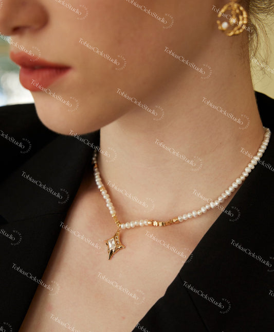 "Celeste's Tear" S925 Sterling Silver Pearl Necklace with Exquisite Star Shape cut Cubic Zircon