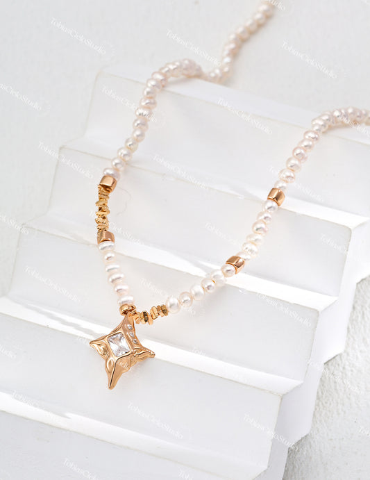 S925 Sterling Silver Pearl Necklace with Exquisite Star Shape cut Cubic Zircon