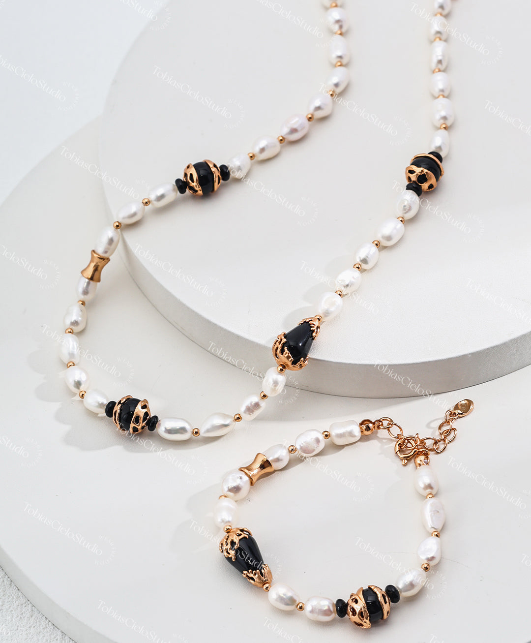 "The Odyssey" S925 Sterling Silver Elegance Pearl Necklace with Black Onyx