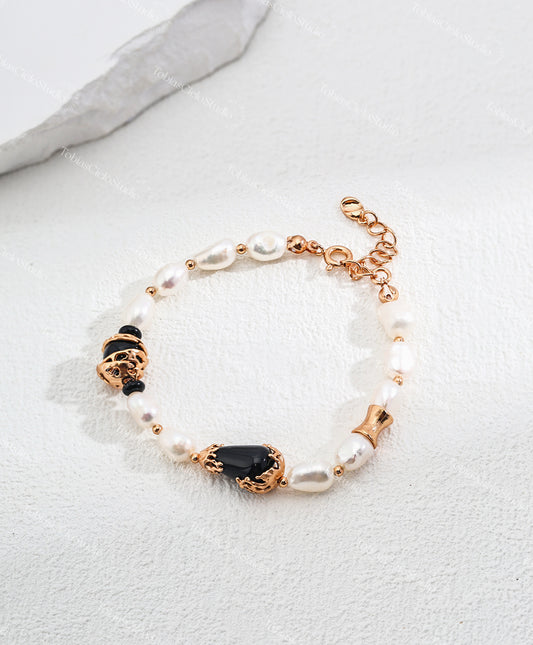 S925 Sterling Silver Pearl Bracelet with Black Onyx