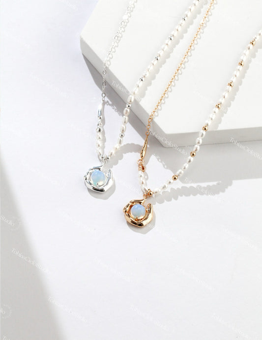 S925 Sterling Silver Pearl Necklace with White Opal