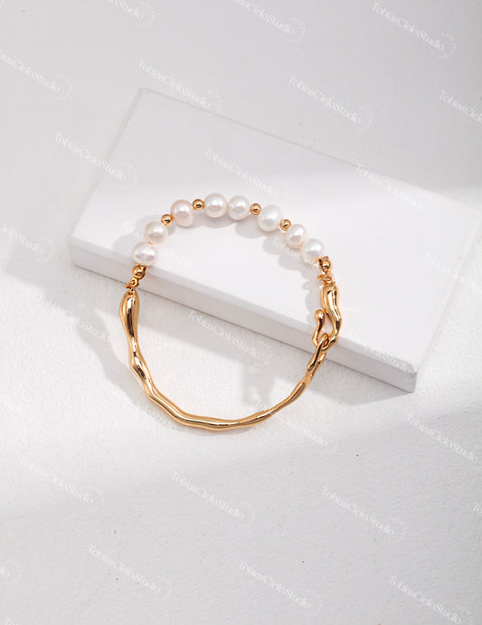 S925 Liquid Shaped Sterling Silver Bracelet with Pearls